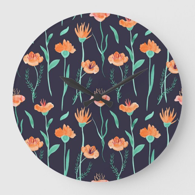Fantasy Orange Flowers: Watercolor Dark Pattern. Large Clock (Front)