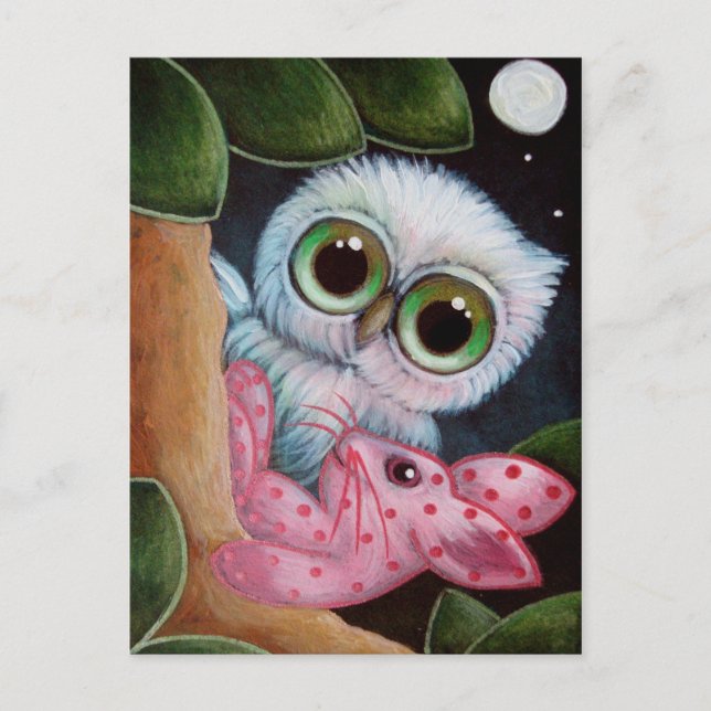 Fantasy Owl with Pink Bunny Rabbit Toy - Postcard (Front)