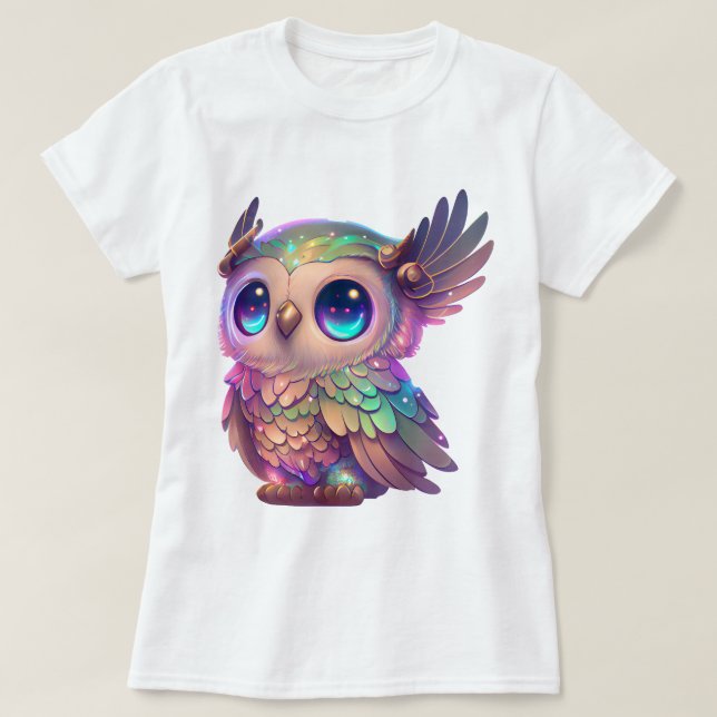 Fantasy Owl With Vibrant Feathers And Large Eyes T-Shirt (Design Front)