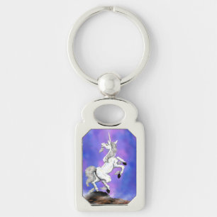 fantasy painting white unicorn standing on rock keychain