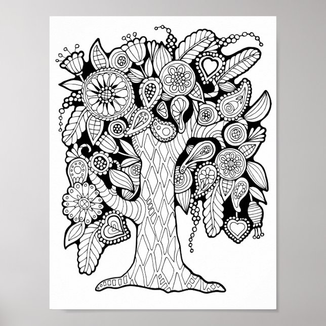 Fantasy Paisley Flower Tree Colouring Page Art Poster (Front)