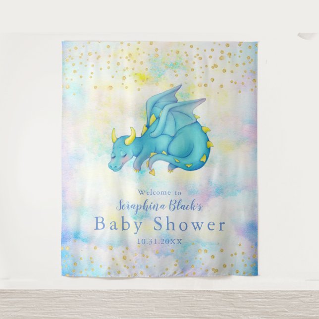 Fantasy Pastel Blue Dragon Baby Shower Backdrop Tapestry (Front)