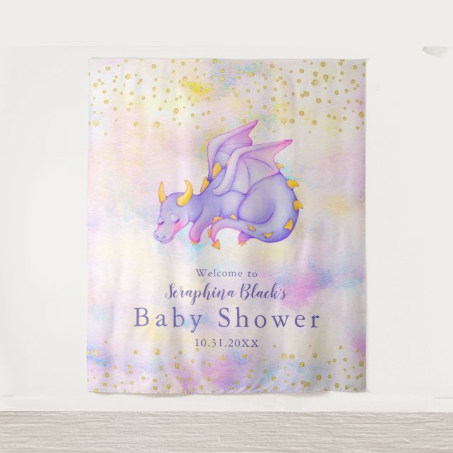 Fantasy Pastel Purple Dragon Baby Shower Backdrop Tapestry (Front)