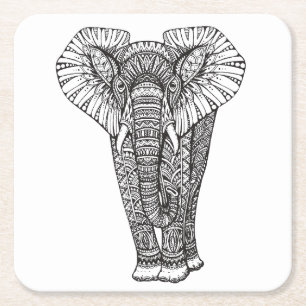 Fantasy Patterned Elephant Doodle Square Paper Coaster