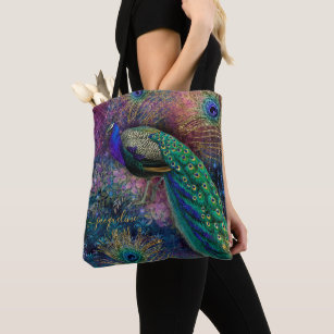 Fantasy Peacock Gold Glitter Feathers Script Name  Tote Bag