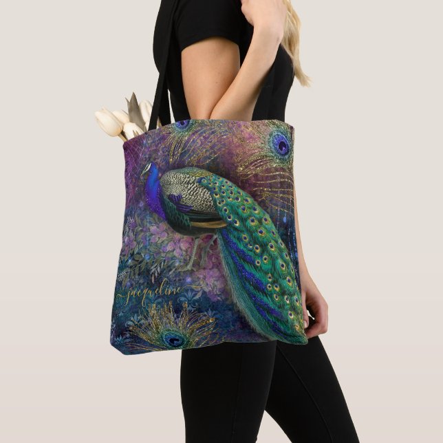 Fantasy Peacock Gold Glitter Feathers Script Name  Tote Bag (Close Up)