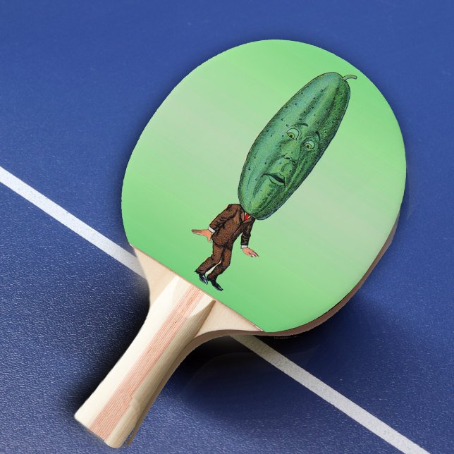 Fantasy Pickle Man Brown Suit Ping Pong Paddle (Silly man with big green pickle head and face in brown suit on green ping pong paddle.)