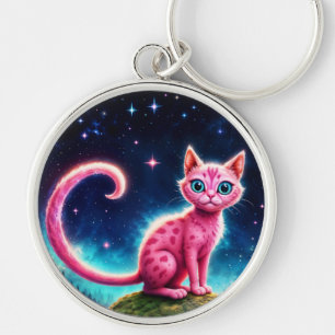 Fantasy pink cat in magic starry night forest keychain