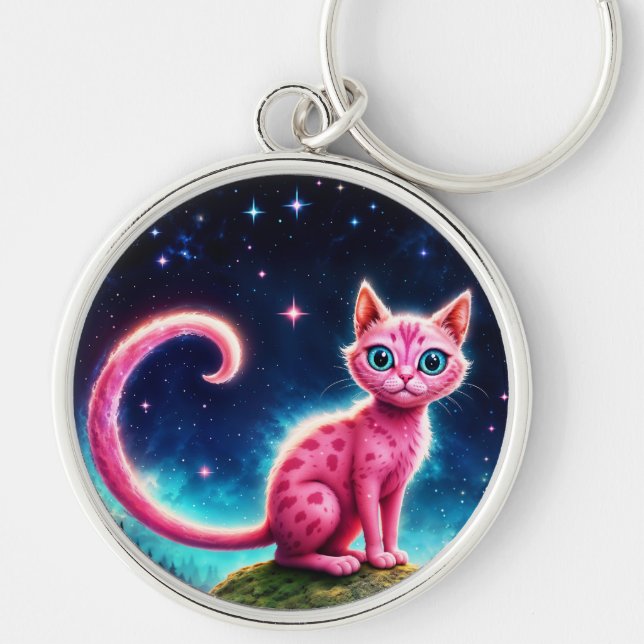 Fantasy pink cat in magic starry night forest keychain (Front)