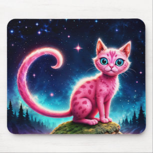 Fantasy pink cat in magic starry night forest mouse pad