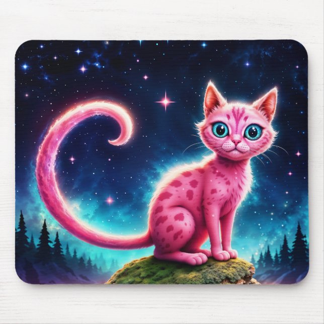 Fantasy pink cat in magic starry night forest mouse pad (Front)