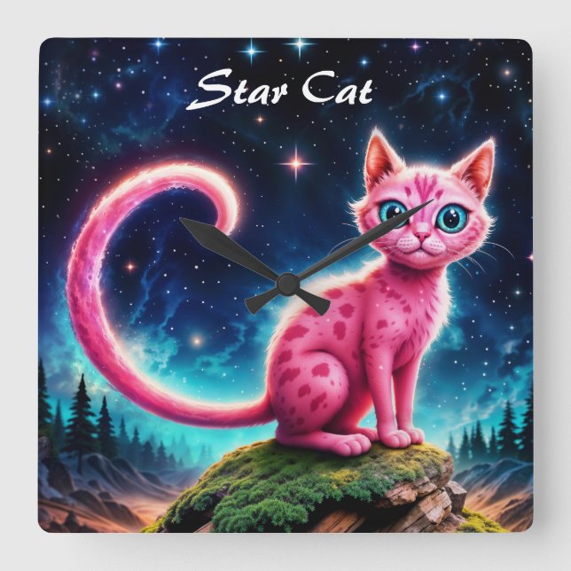Fantasy pink cat in magic starry night forest square wall clock (Front)