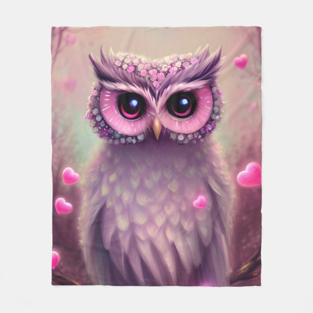 Fantasy Pink Fluffy Kawaii Owl  Fleece Blanket (Front)