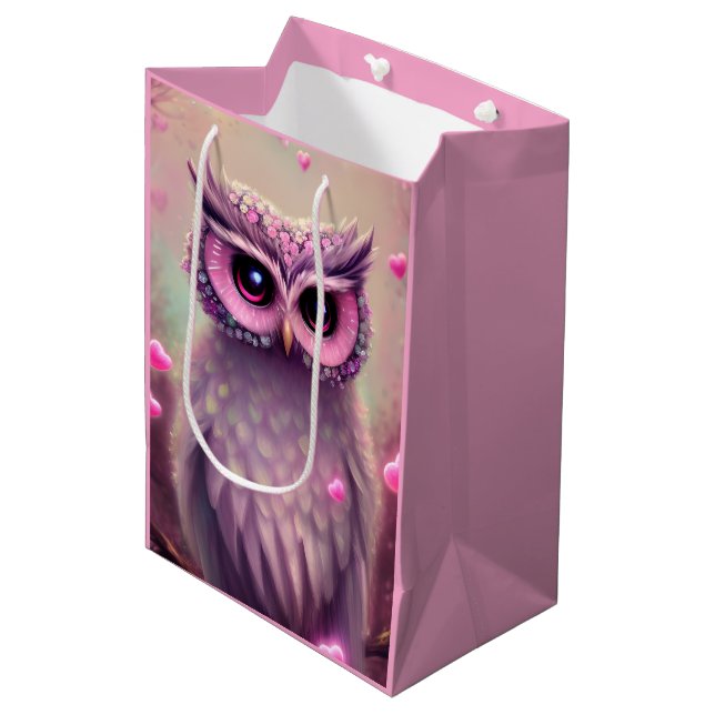 Fantasy Pink Fluffy Kawaii Owl Medium Gift Bag (Front Angled)
