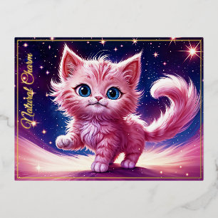 Fantasy pink fluffy kitten bright blue eyes art foil holiday postcard