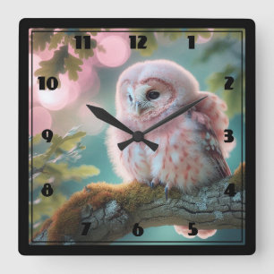 Fantasy Pink Owl Square Wall Clock
