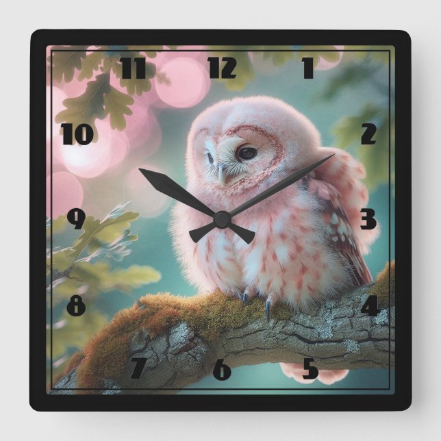 Fantasy Pink Owl Square Wall Clock (Front)