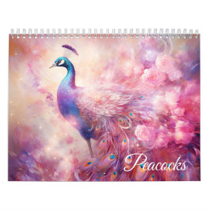 Fantasy Pink Peacocks in Abstract Style Calendar