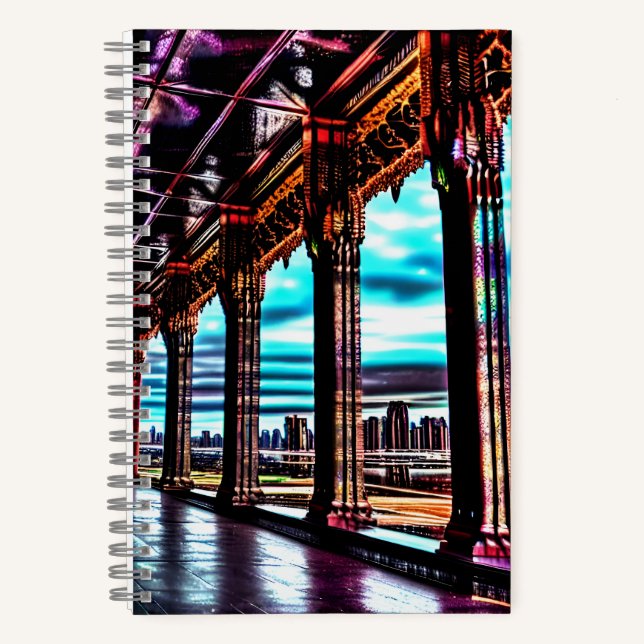 Fantasy pink red blue sky city bridge landscape notebook (Front)