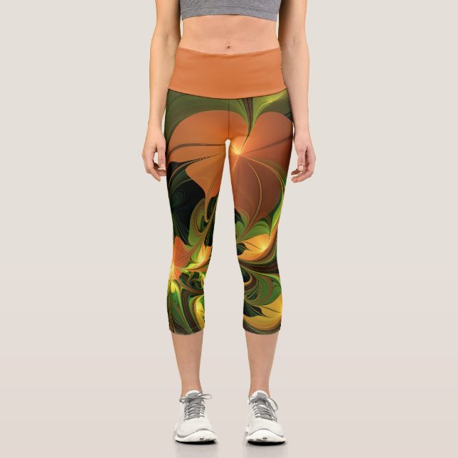 Fantasy Plant Abstract Green Rust Brown Fractal Capri Leggings (Front)