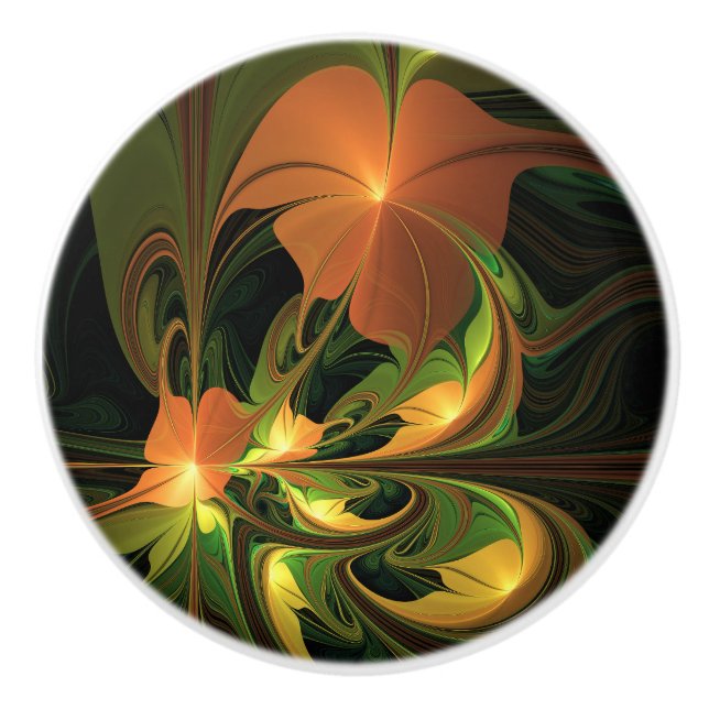 Fantasy Plant Abstract Green Rust Brown Fractal Ceramic Knob (Front)