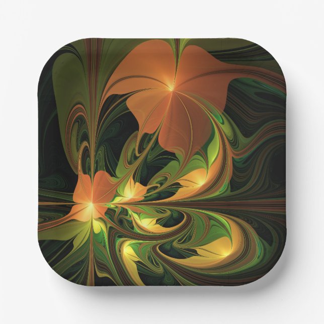 Fantasy Plant Abstract Green Rust Brown Fractal Paper Plate (Front)