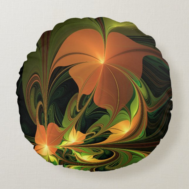 Fantasy Plant Abstract Green Rust Brown Fractal Round Pillow (Front)