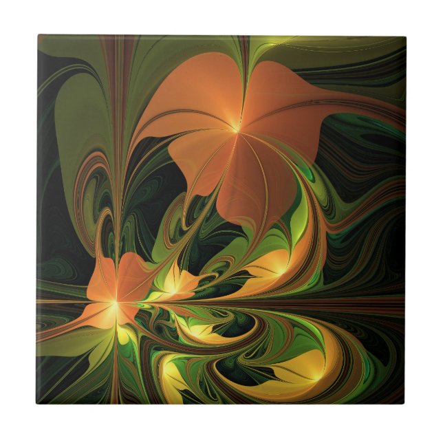 Fantasy Plant Abstract Green Rust Brown Fractal Tile (Front)