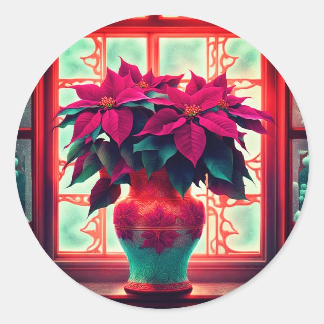 Fantasy Poinsettias  Classic Round Sticker (Front)