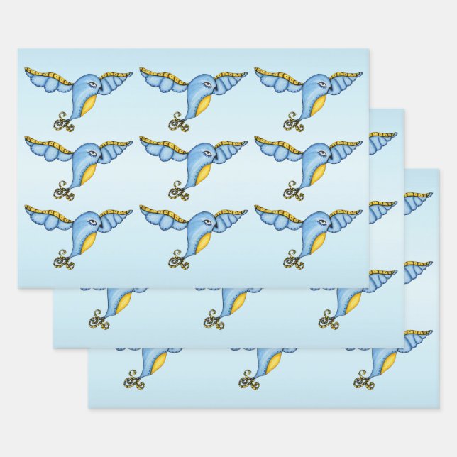 Fantasy Pretty Flying Bluebird Yellow Scroll Tail Wrapping Paper Sheet (Set)