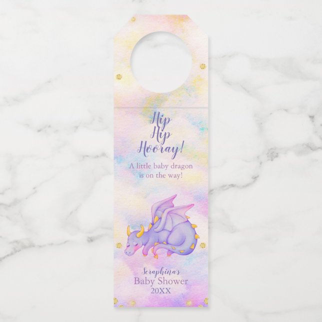 Fantasy Purple Girls Dragon Baby Shower Bottle Tag (Front)