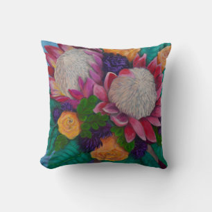 Fantasy Queen Proteas and Orange Roses Throw Pillow