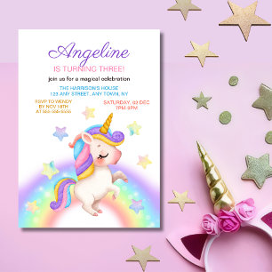 Fantasy Rainbow Stars Unicorn Girl Birthday Invitation
