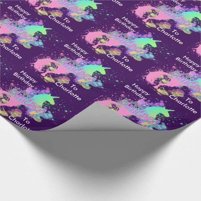 Fantasy Rainbow Unicorn Personalized Wrapping Paper (Corner)