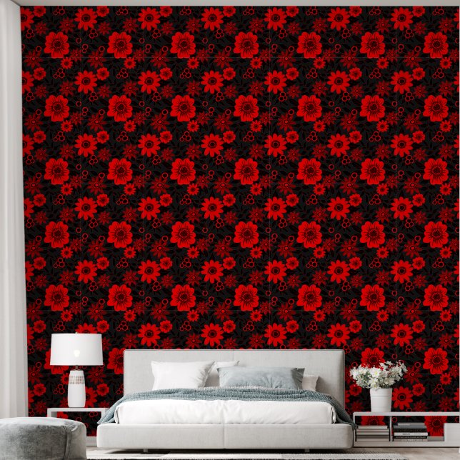 Fantasy Red and Black Jungle Floral Wallpaper (Bedroom)