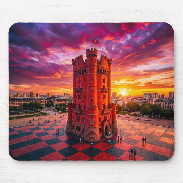 Fantasy Red Chess Castle Building On Chequerboard  Mouse Pad (Front)