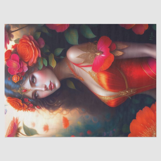 Fantasy Red Fairy Red Flowers Decoupage Tissue Paper (Front)