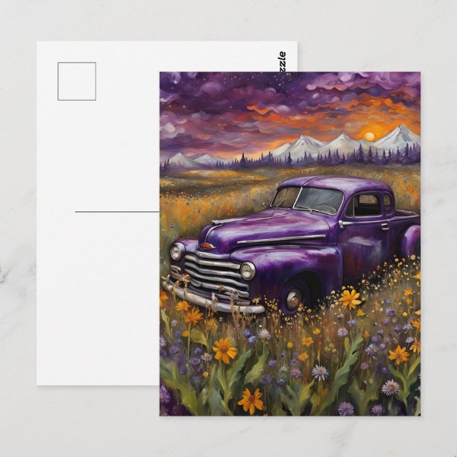 Fantasy Retro Purple Vechicle in a Mountain Meadow Postcard (Front/Back)