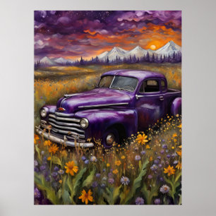 Fantasy Retro Purple Vechicle in a Mountain Meadow Poster