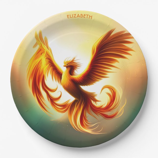 Fantasy Rising Golden Phoenix Art Deco Style Paper Plate (Front)