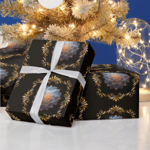 Fantasy Romantic Flower and Gold Frame Wrapping Paper
