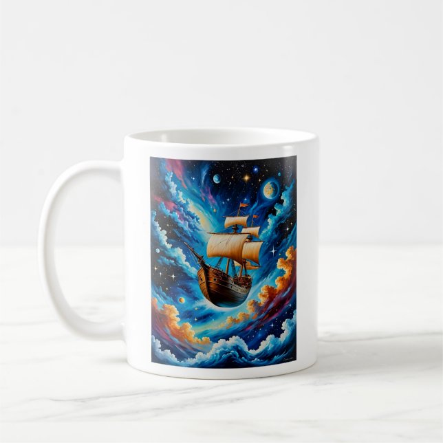 Fantasy Sailing Ship in Space Tee Coffee Mug (Left)