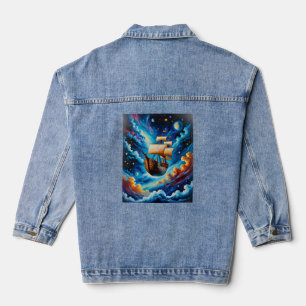 Fantasy Sailing Ship in Space Tee Denim Jacket