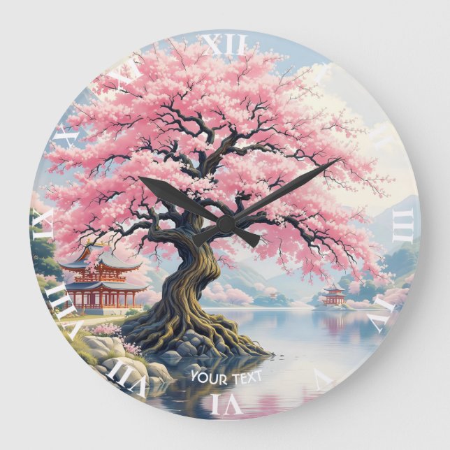 Fantasy Sakura Temples Lake Large Clock (Front)