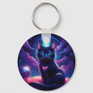 Fantasy Scene Black Kitten Beautiful Blue Eyes Keychain