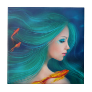fantasy sea mermaid with red fishes tile