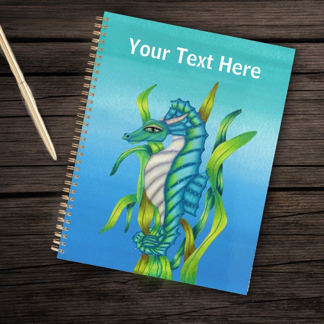 Fantasy Seahorse With Dragon Horns in Seaweed Blue Planner (Fantasy seahorse with horns in blues and greens in seaweed on shades of blue planner.)
