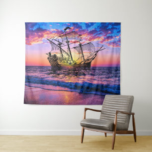 Fantasy Ship On The Sea - Abstract Ocean Sunset Tapestry