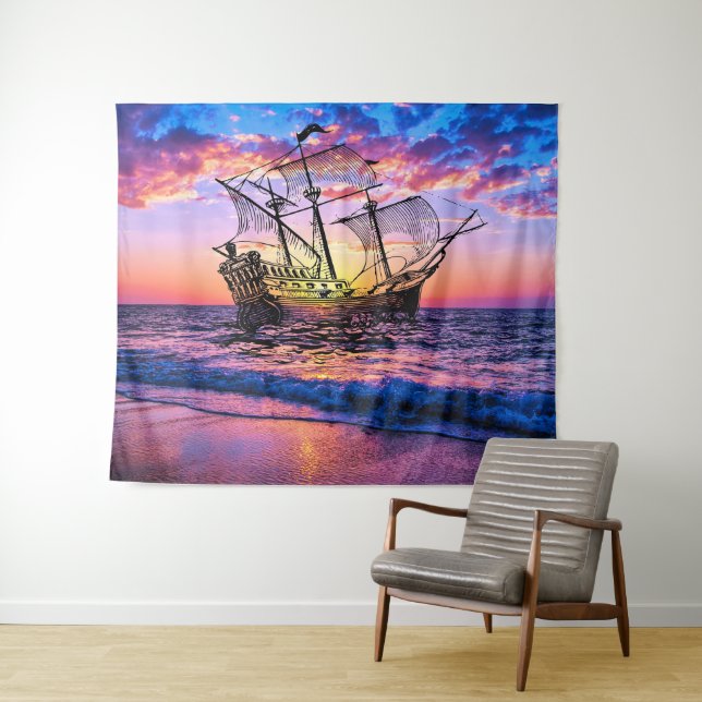Fantasy Ship On The Sea - Abstract Ocean Sunset Tapestry (In Situ (Horizontal))