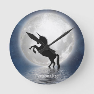 Fantasy Silhouette Unicorn in Ocean & Full Moon Round Clock